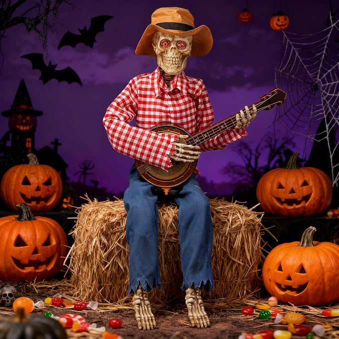 💀 Animated Banjo Skeleton Duo – Motion & Sound Activated Halloween Decor