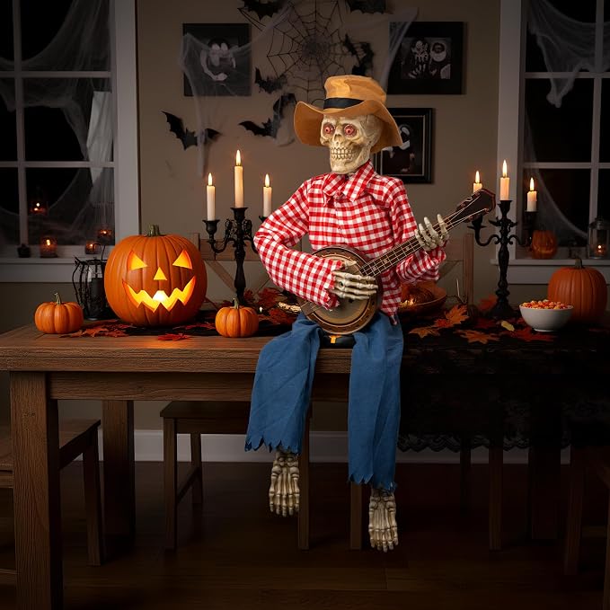 💀 Animated Banjo Skeleton Duo – Motion & Sound Activated Halloween Decor
