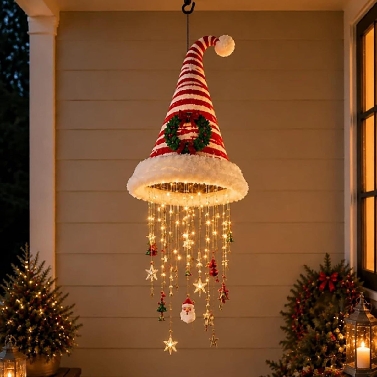 🎄🎅 Lighted Christmas Hanging Chandelier – Tree & Santa Hat Holiday Décor