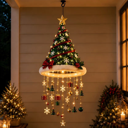 🎄🎅 Lighted Christmas Hanging Chandelier – Tree & Santa Hat Holiday Décor