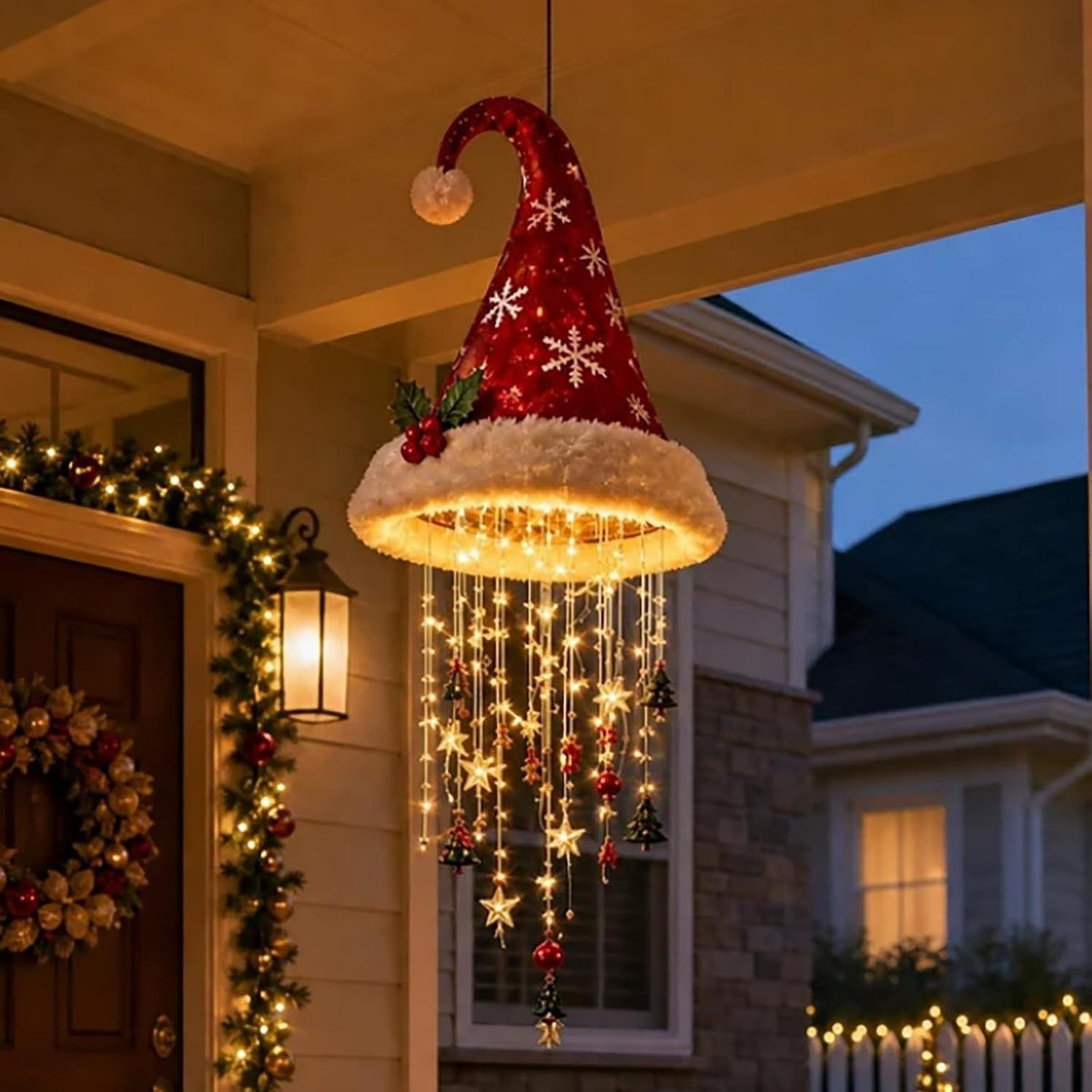 🎄🎅 Lighted Christmas Hanging Chandelier – Tree & Santa Hat Holiday Décor