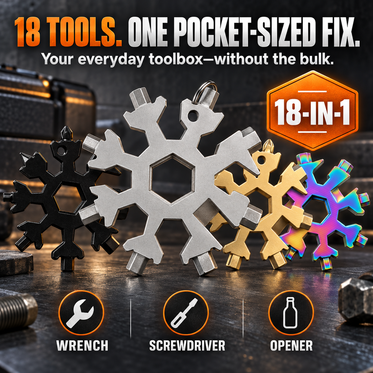 ❄️ 18-in-1 Snowflake Multi-Tool – Pocket-Sized Wrench, Screwdriver & EDC Tool