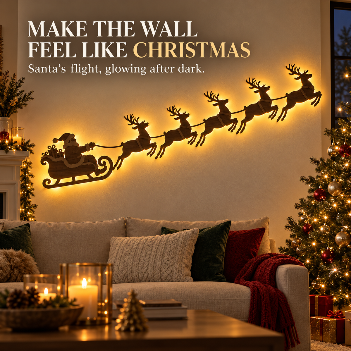 🦌✨Santa & 6 Reindeer LED Wall Décor – Peel, Press & Glow