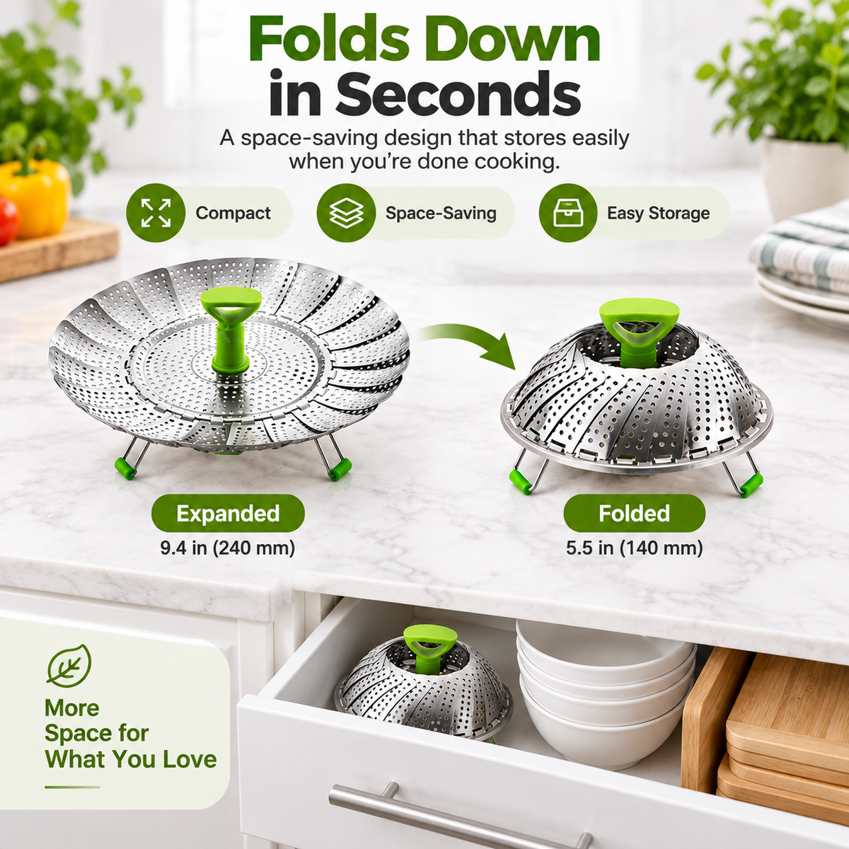 🥦 Expandable Folding Steamer Basket – Adjustable Stainless Steel Cooking Insert, 2 Sizes