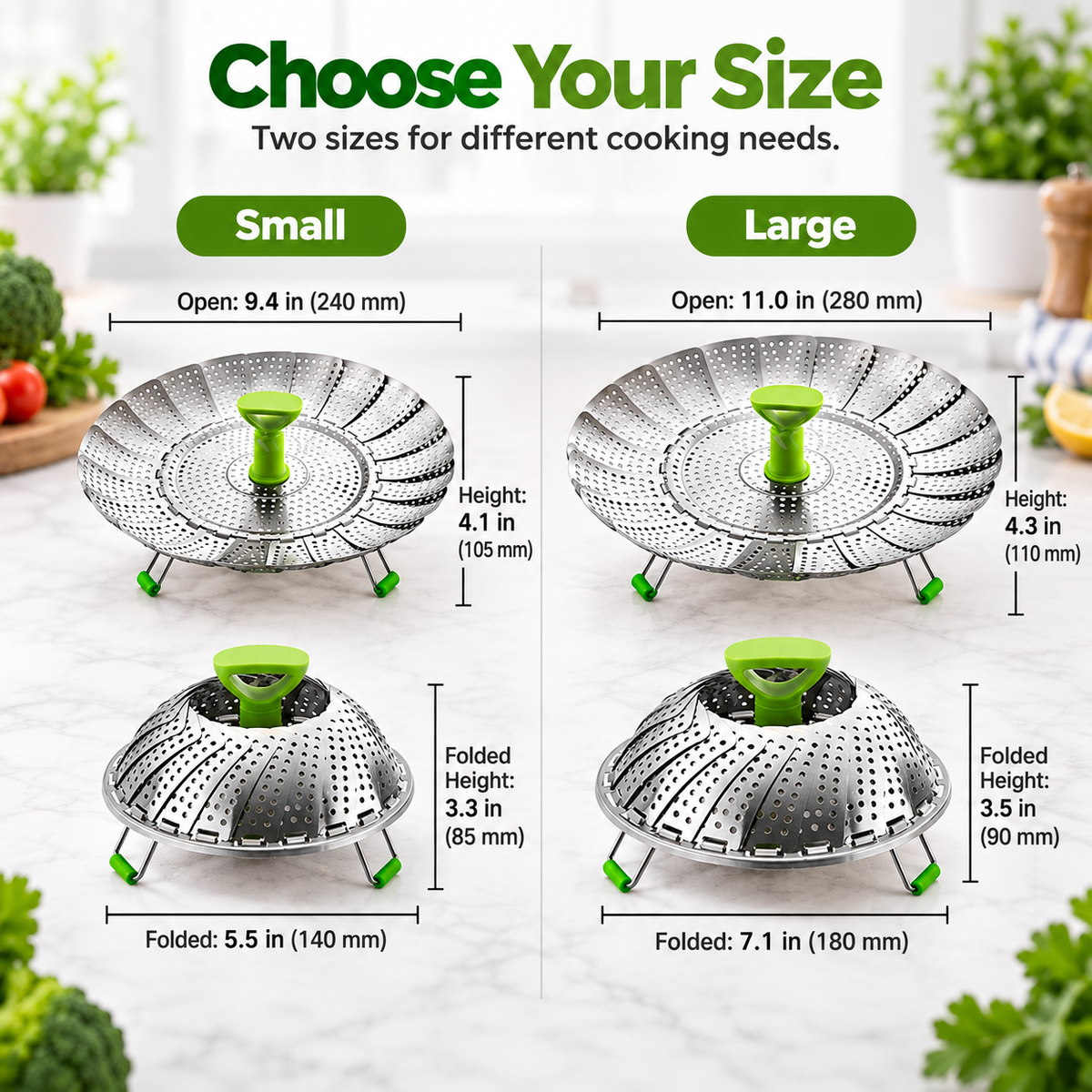 🥦 Expandable Folding Steamer Basket – Adjustable Stainless Steel Cooking Insert, 2 Sizes