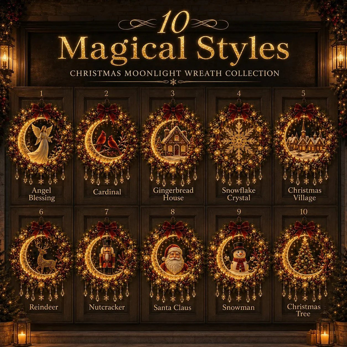 ✨ Christmas Moonlight Wreath Collection – Lighted Holiday Door Decor