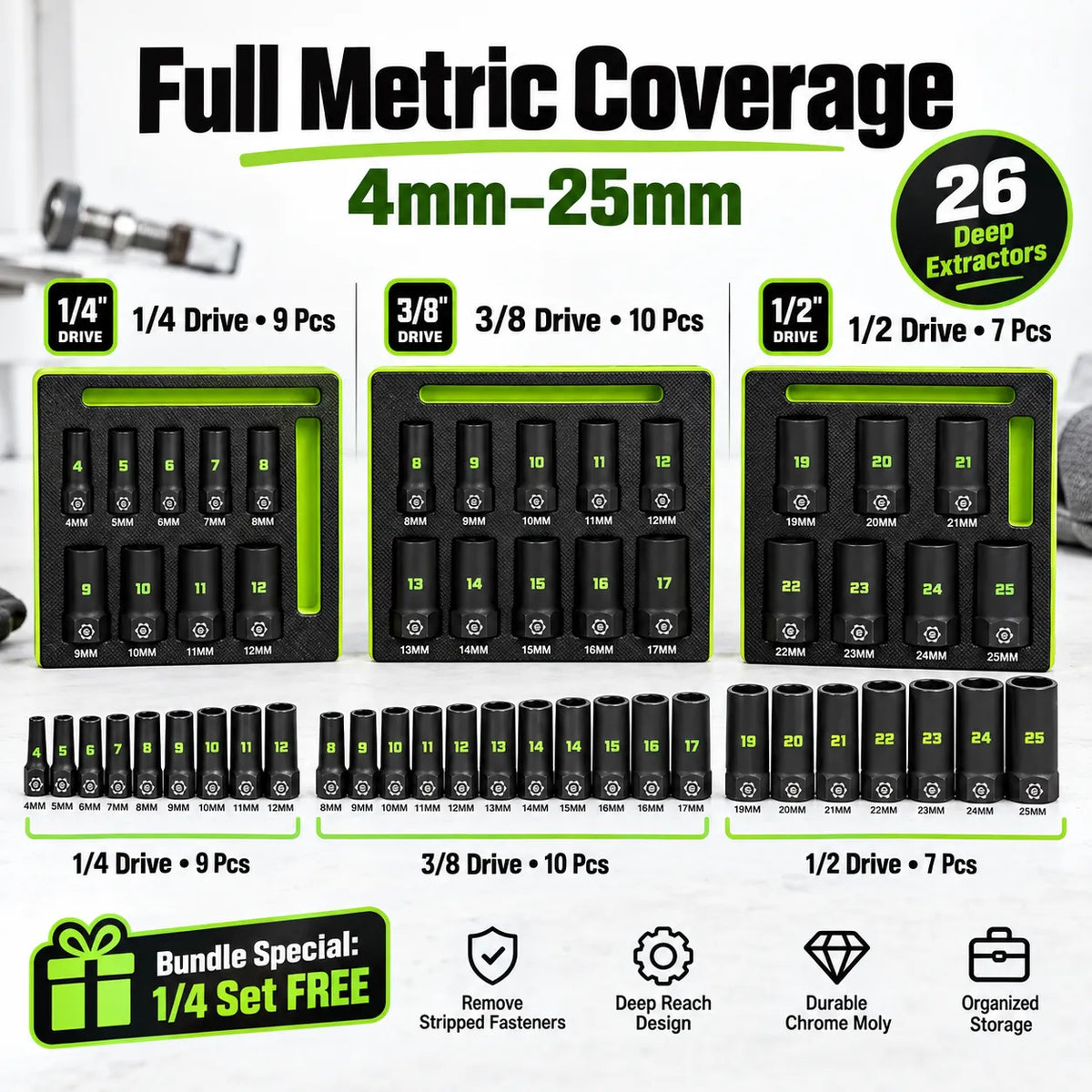 🔩 26-Pcs Deep Socket Extractor Bundle — ✨4–25mm Metric, 1/4', 3/8' & 1/2' Drive