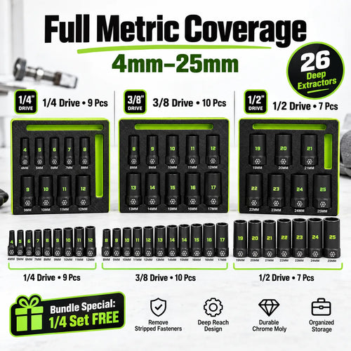 🔩 26-Pcs Deep Socket Extractor Bundle — ✨4–25mm Metric, 1/4', 3/8' & 1/2' Drive
