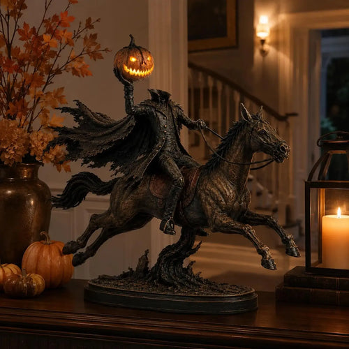🎃 HOT SALE | Lighted Headless Horseman Statue – LED Pumpkin Halloween Decor for Mantel, Desk & Home