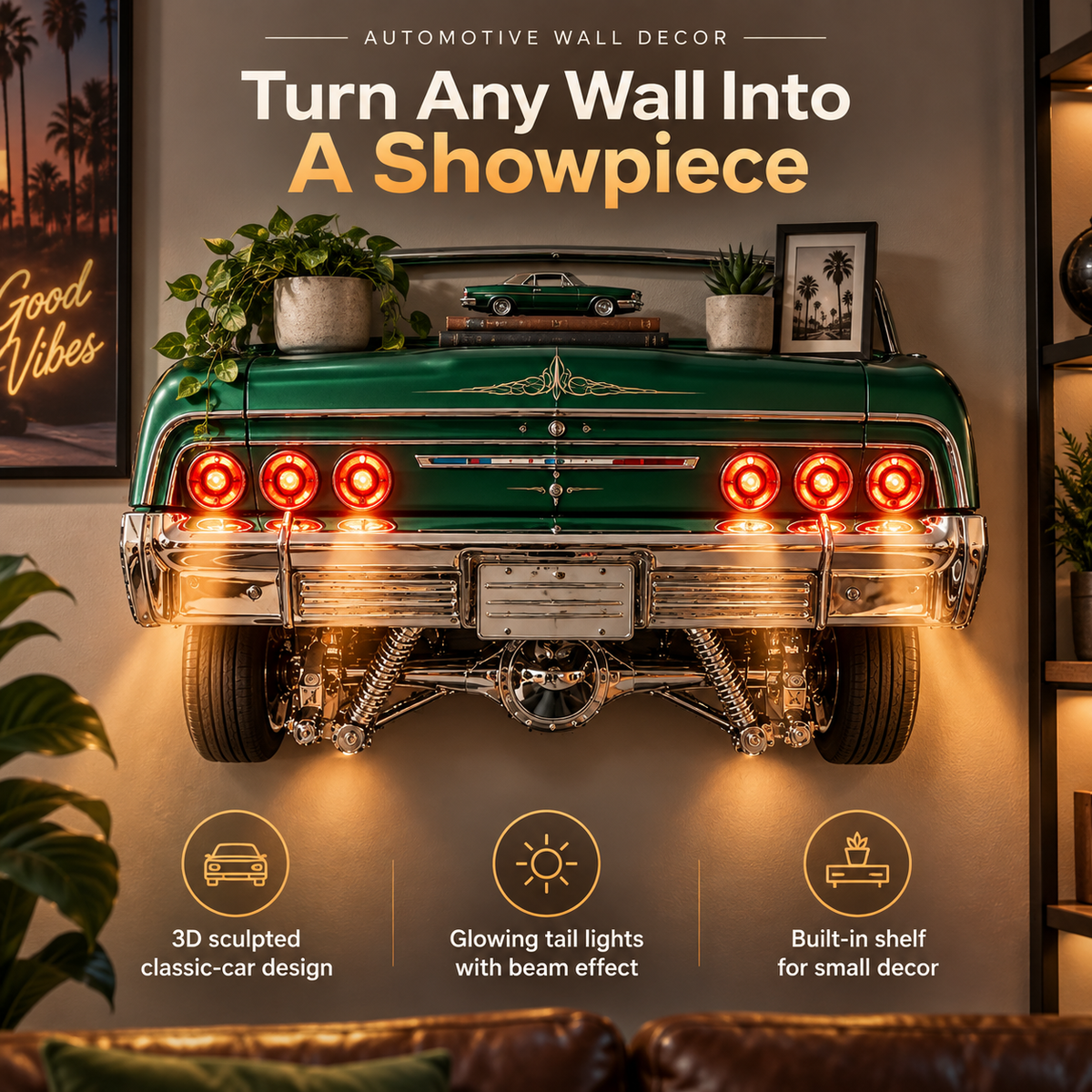 🚗 3D Classic Car Rear Wall Shelf Lamp – Wireless Tail-Light Decor with Remote Control