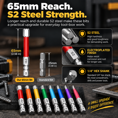 🧲Magnetic Hex Bit Set — 8 Sizes, Color-Coded, S2 Steel, 65mm