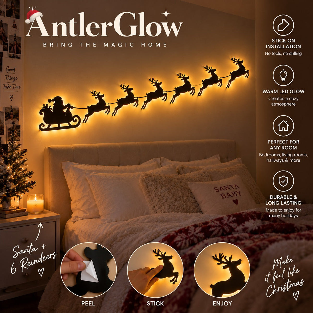 🦌✨Santa & 6 Reindeer LED Wall Décor – Peel, Press & Glow