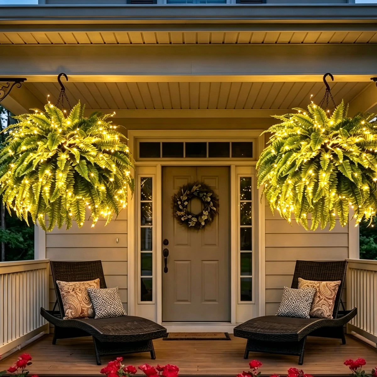 ☀️ Glowing Artificial Boston Fern – Zero-Watering Lighted Porch & Home Decor