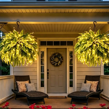 ☀️ Glowing Artificial Boston Fern – Zero-Watering Lighted Porch & Home Decor