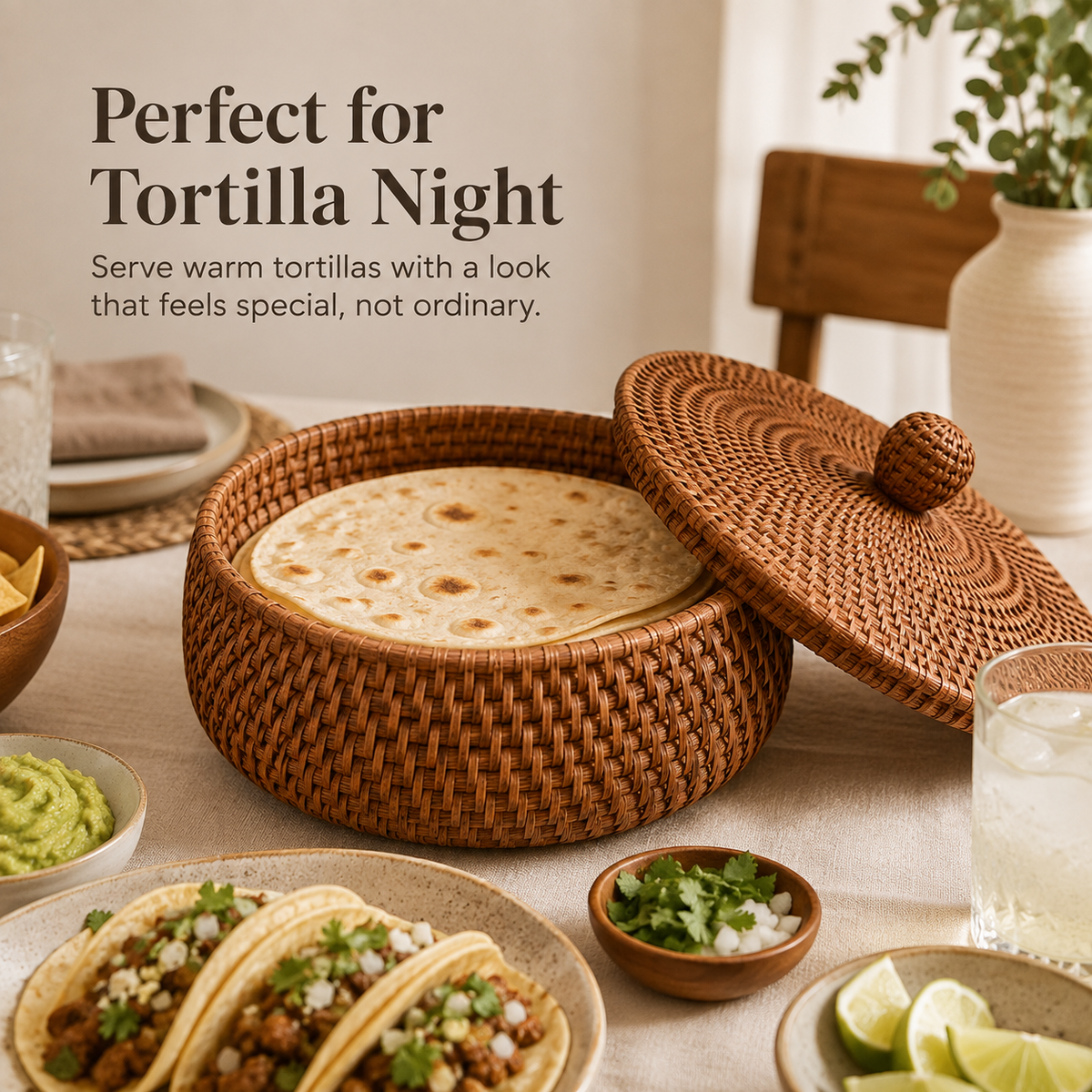 🧺 Woven Tortilla Basket With Lid – Covered Bread & Table Serving Basket