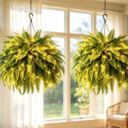 ☀️ Glowing Artificial Boston Fern – Zero-Watering Lighted Porch & Home Decor