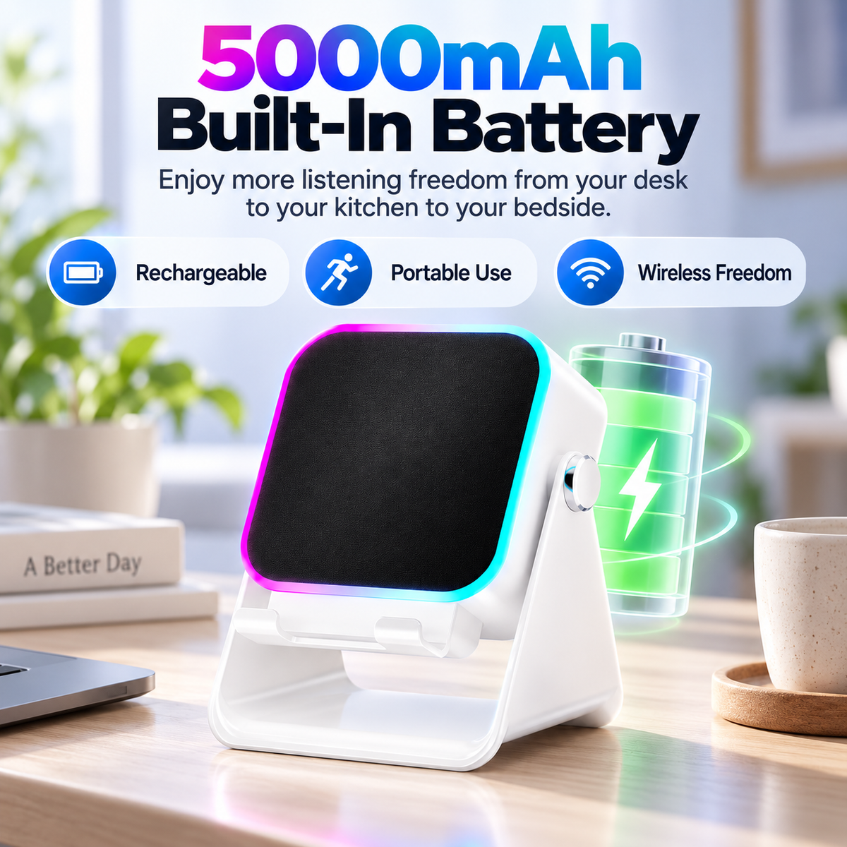 🎵 RGB Induction Speaker Phone Stand – Bluetooth 5.3, 5000mAh Battery & Ambient Light