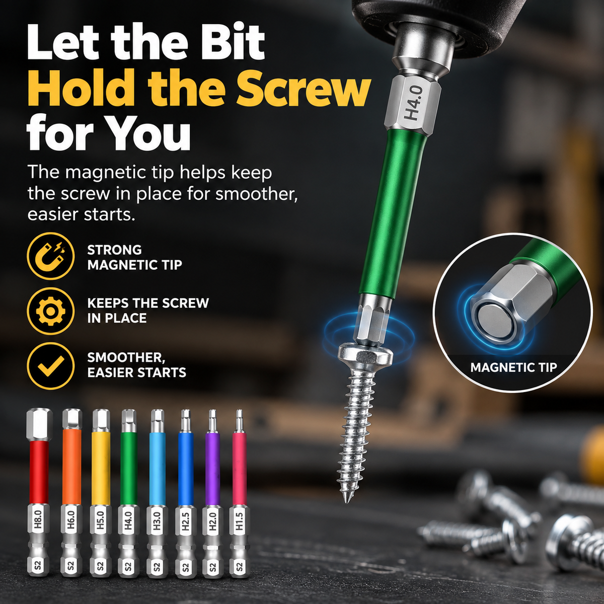 🧲Magnetic Hex Bit Set — 8 Sizes, Color-Coded, S2 Steel, 65mm