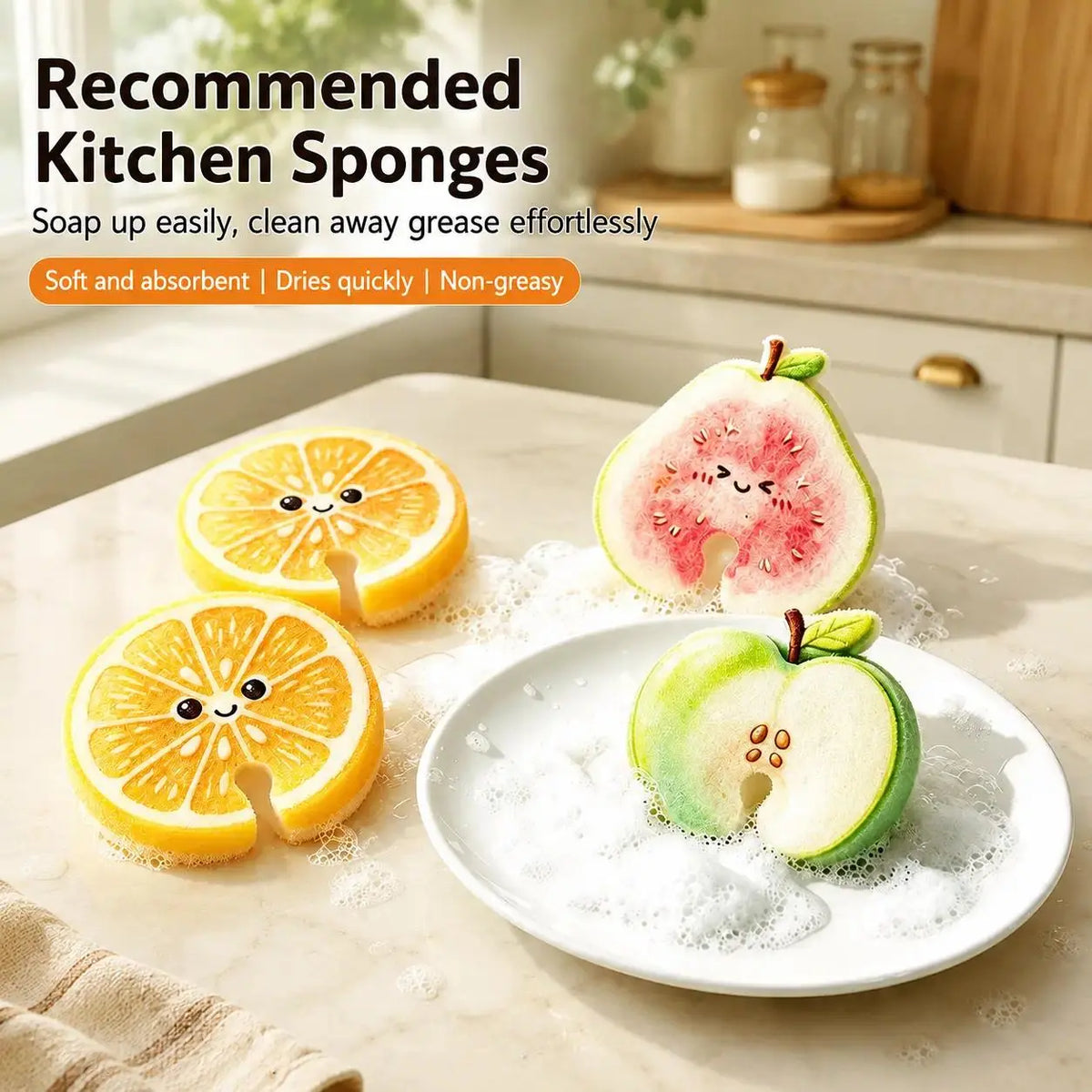 🍑💧 Compressed Cellulose Sponges - 3-Pack Fruit-Shaped Natural Pop-Up Kitchen Sponges🧽