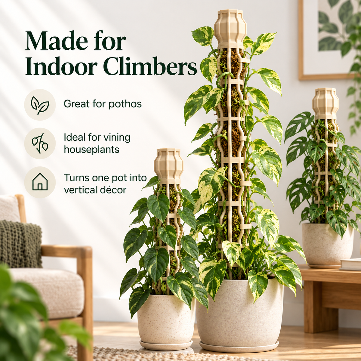Stackable Climbing Plant Support Pole – Vine Clips, Moss Fill & Top Watering Design