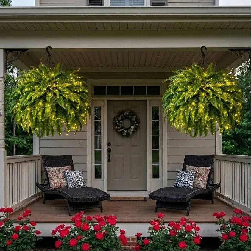 ☀️ Glowing Artificial Boston Fern – Zero-Watering Lighted Porch & Home Decor