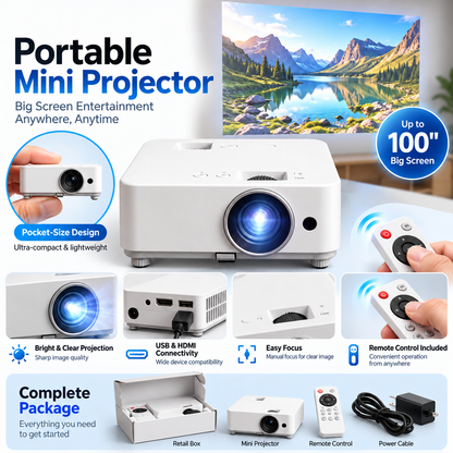 🎬 Portable Mini Projector 📽️ – 100' Big Screen, HDMI & USB, Remote Control Included