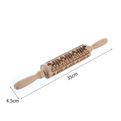 🎄 Christmas Embossed Rolling Pin – Wooden Cookie Pattern Roller for Festive Baking