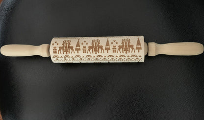 🎄 Christmas Embossed Rolling Pin – Wooden Cookie Pattern Roller for Festive Baking